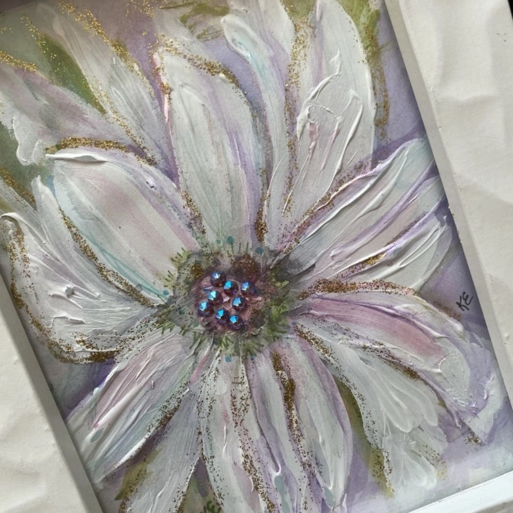 White, pastel textured mixed media floral painting  Framed 9x7 inches OOAK - Picture 2 of 6